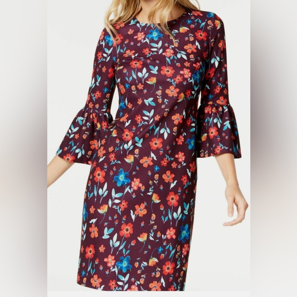 Calvin Klein Floral Dress with Bell Sleeves and Back Zipper